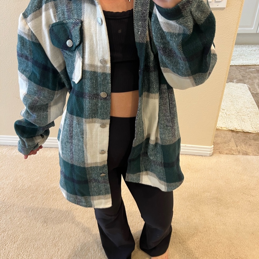 Green and White Plaid Button-Up Shirt